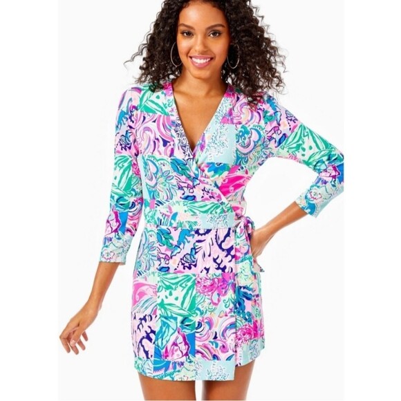 Lilly Pulitzer Karlie Wrap Romper, hot pink, aqua, blue, white, size XXS - Picture 5 of 11